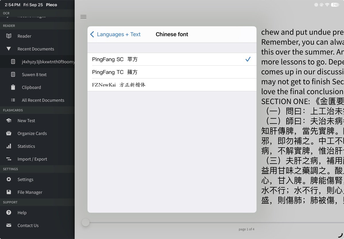 The Chinese font list: PingFang SC, PingFang TC and FZNewKai