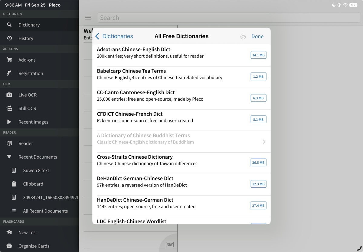 All Free Dictionaries, showing Wiseman Chinese Medical Terms greyed out because it's already installed