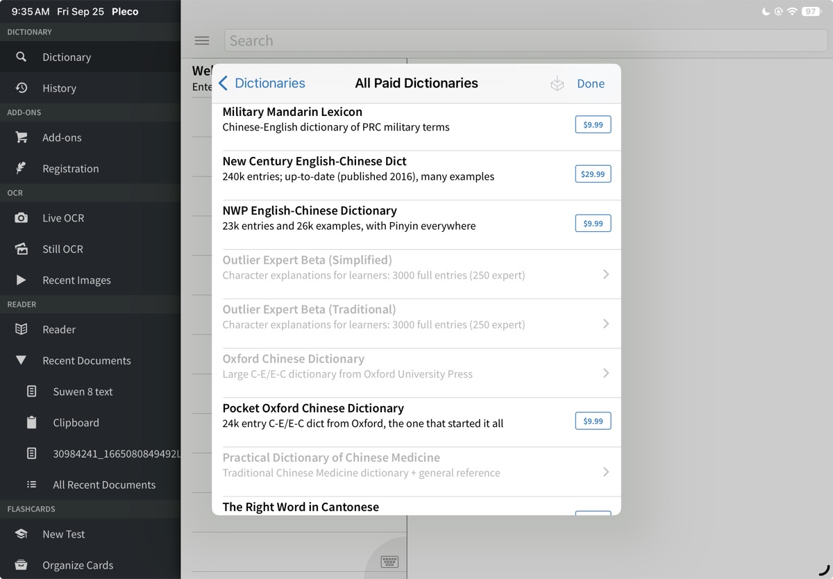 All Paid Dictionaries, showing Student's Dict Classical / Medieval greyed out because it's already installed